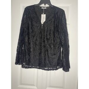 Meaneor long sleeve V Neck Elegant Lace blouse Top xl black Whimsigoth nwt